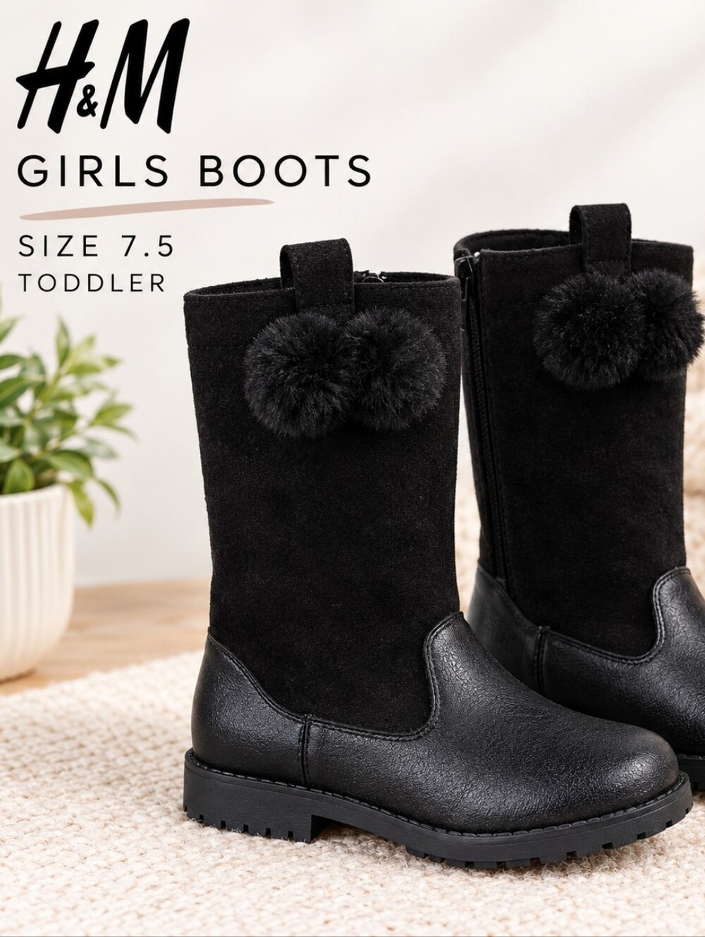 H&M Girls Black Faux Leather & Suede Pom Pom Boots Size 7.5
